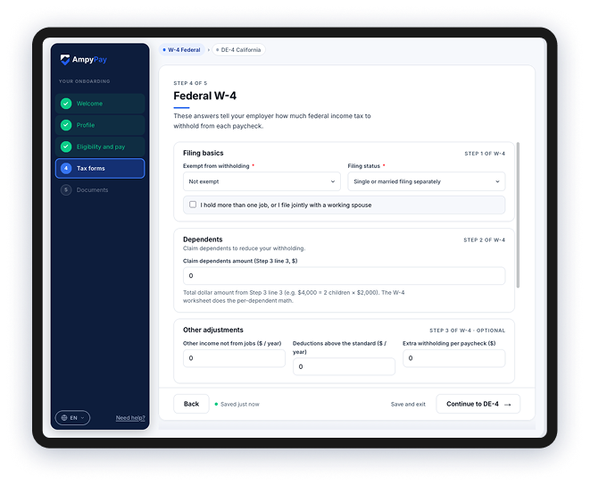 AmpyPay dynamic Federal W-4 tax onboarding form