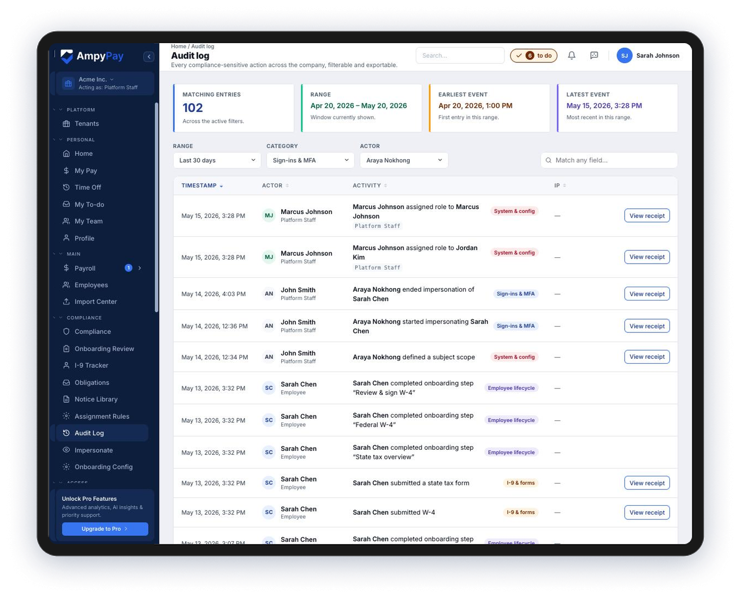 AmpyPay audit log of compliance-sensitive actions with viewable receipts