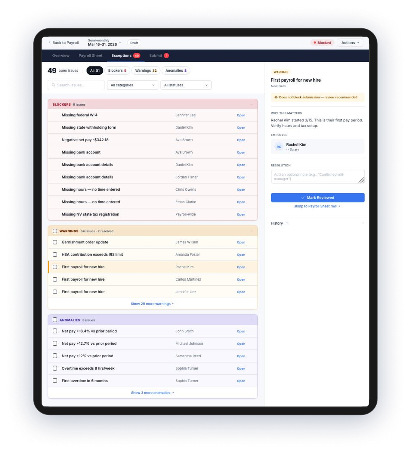 AmpyPay exceptions inbox listing blockers, warnings and AI-detected anomalies