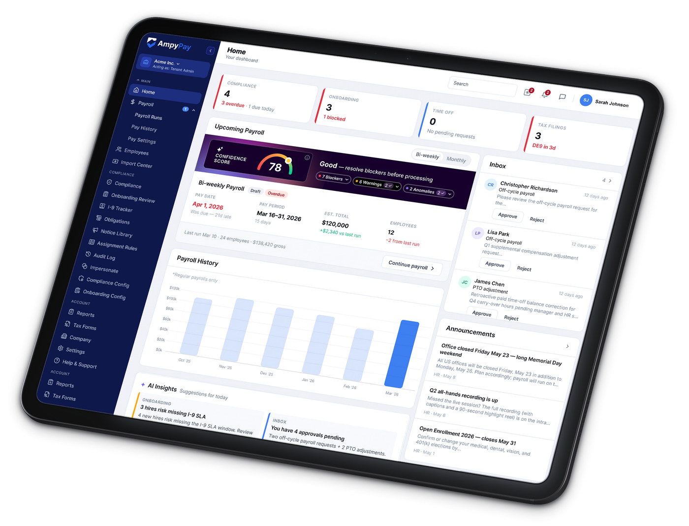 AmpyPay payroll operations dashboard on a tablet, showing the upcoming payroll run, confidence score and inbox