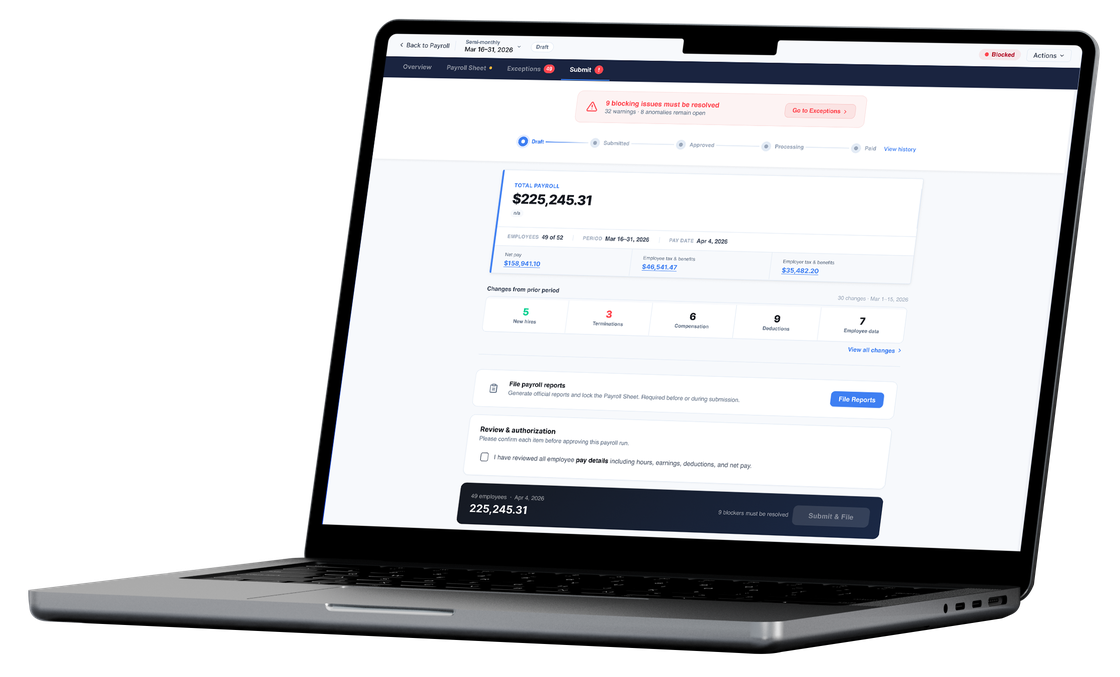 AmpyPay payroll submission screen on a laptop — file reports, review and authorize the run